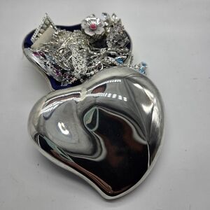 godinger silver heart shape blue velvet lined box of silver tone jewelry
